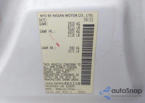 2015 Nissan Altima 2.5 S из США, поврежденный, VIN 1N4AL3AP4FN865158